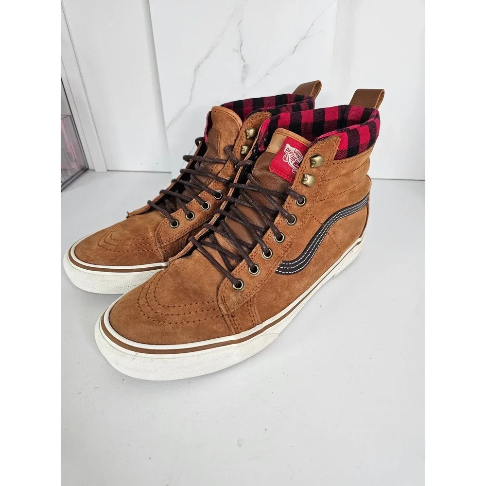 Vans Sk8-Hi MTE Glazed Ginger Brown Suede Plaid Flannel Mens 10.5 High Shoes